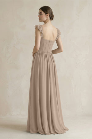 Sweetheart Chiffon Ruffled A-Line Corset Bridesmaid Dress in Almond (2) | KISSBRIDAL