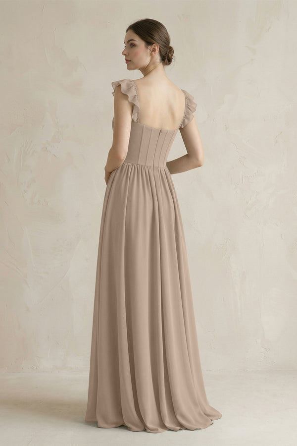 Sweetheart Chiffon Ruffled A-Line Corset Bridesmaid Dress in Almond (2) | KISSBRIDAL