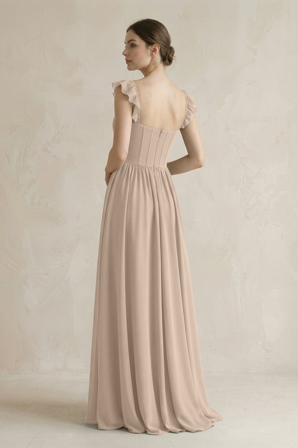 Sweetheart Chiffon Ruffled A - Line Corset Bridesmaid Dress in Almond - SHE IS ME Bridesmaid Dresses