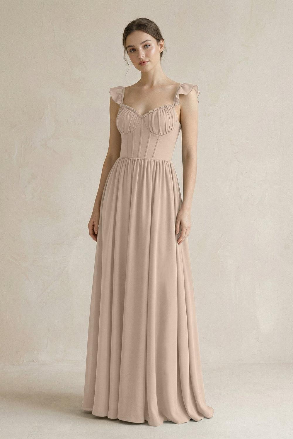 Sweetheart Chiffon Ruffled A - Line Corset Bridesmaid Dress in Almond - KISS BRIDAL Bridesmaid Dresses