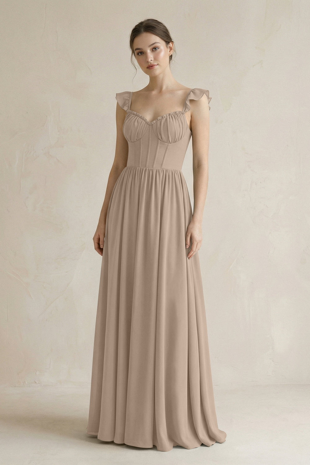 Sweetheart Chiffon Ruffled A-Line Corset Bridesmaid Dress in Almond