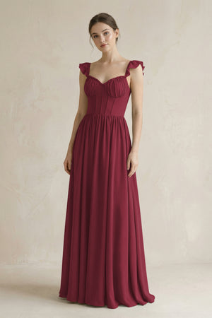 Sweetheart Chiffon Ruffled A-Line Corset Bridesmaid Dress in Berry | KISSBRIDAL