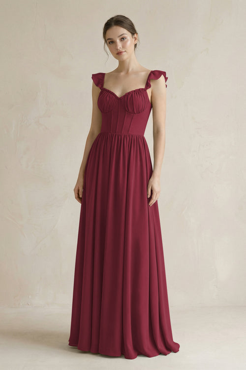 Sweetheart Chiffon Ruffled A-Line Corset Bridesmaid Dress in Berry | KISSBRIDAL