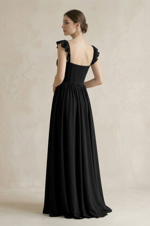 Sweetheart Chiffon Ruffled A - Line Corset Bridesmaid Dress in Black - SHE IS ME Bridesmaid Dresses