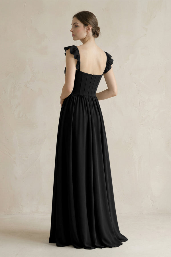 Sweetheart Chiffon Ruffled A - Line Corset Bridesmaid Dress in Black - SHE IS ME Bridesmaid Dresses