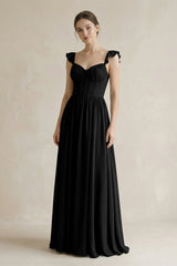 Sweetheart Chiffon Ruffled A - Line Corset Bridesmaid Dress in Black - KISS BRIDAL Bridesmaid Dresses