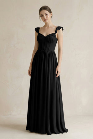 Sweetheart Chiffon Ruffled A - Line Corset Bridesmaid Dress in Black - SHE IS ME Bridesmaid Dresses