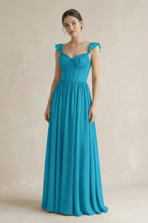 Sweetheart Chiffon Ruffled A - Line Corset Bridesmaid Dress in Blue Jay - SHE IS ME Bridesmaid Dresses