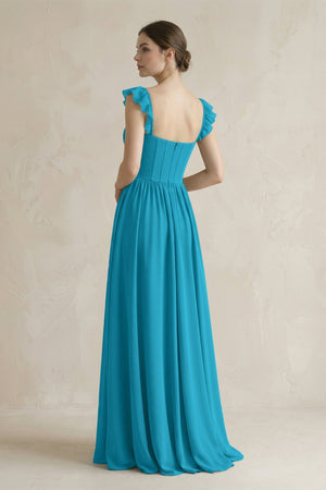 Sweetheart Chiffon Ruffled A - Line Corset Bridesmaid Dress in Blue Jay - SHE IS ME Bridesmaid Dresses