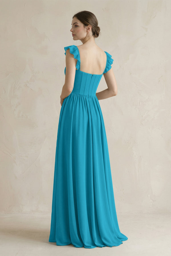Sweetheart Chiffon Ruffled A - Line Corset Bridesmaid Dress in Blue Jay - SHE IS ME Bridesmaid Dresses