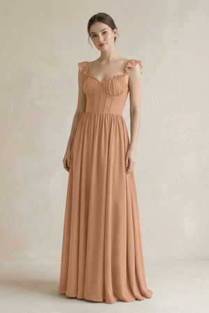 Sweetheart Chiffon Ruffled A - Line Corset Bridesmaid Dress in Bronzer - SHE IS ME Bridesmaid Dresses