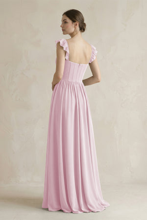Sweetheart Chiffon Ruffled A-Line Corset Bridesmaid Dress in Candy Pink (2) | KISSBRIDAL