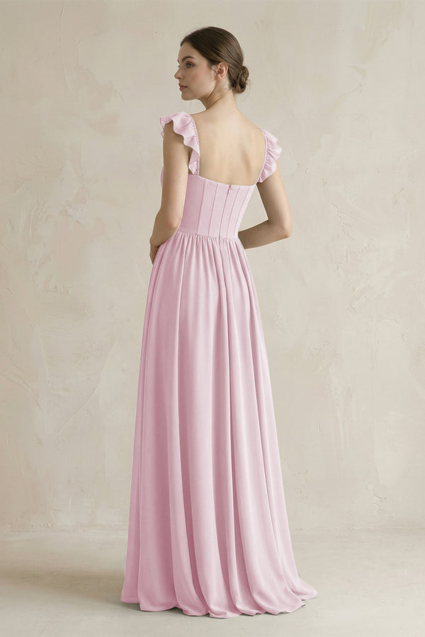 Sweetheart Chiffon Ruffled A-Line Corset Bridesmaid Dress in Candy Pink (2) | KISSBRIDAL