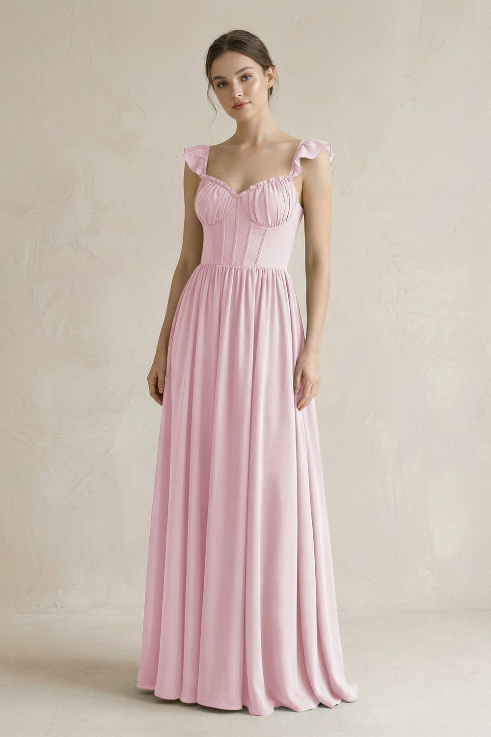 Sweetheart Chiffon Ruffled A - Line Corset Bridesmaid Dress in Candy Pink - KISS BRIDAL Bridesmaid Dresses