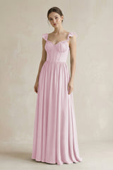 Sweetheart Chiffon Ruffled A-Line Corset Bridesmaid Dress in Candy Pink | KISSBRIDAL