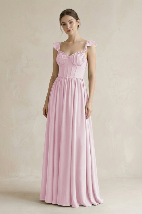 Sweetheart Chiffon Ruffled A-Line Corset Bridesmaid Dress in Candy Pink | KISSBRIDAL