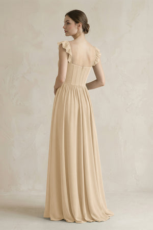 Sweetheart Chiffon Ruffled A-Line Corset Bridesmaid Dress in Champagne (2) | KISSBRIDAL