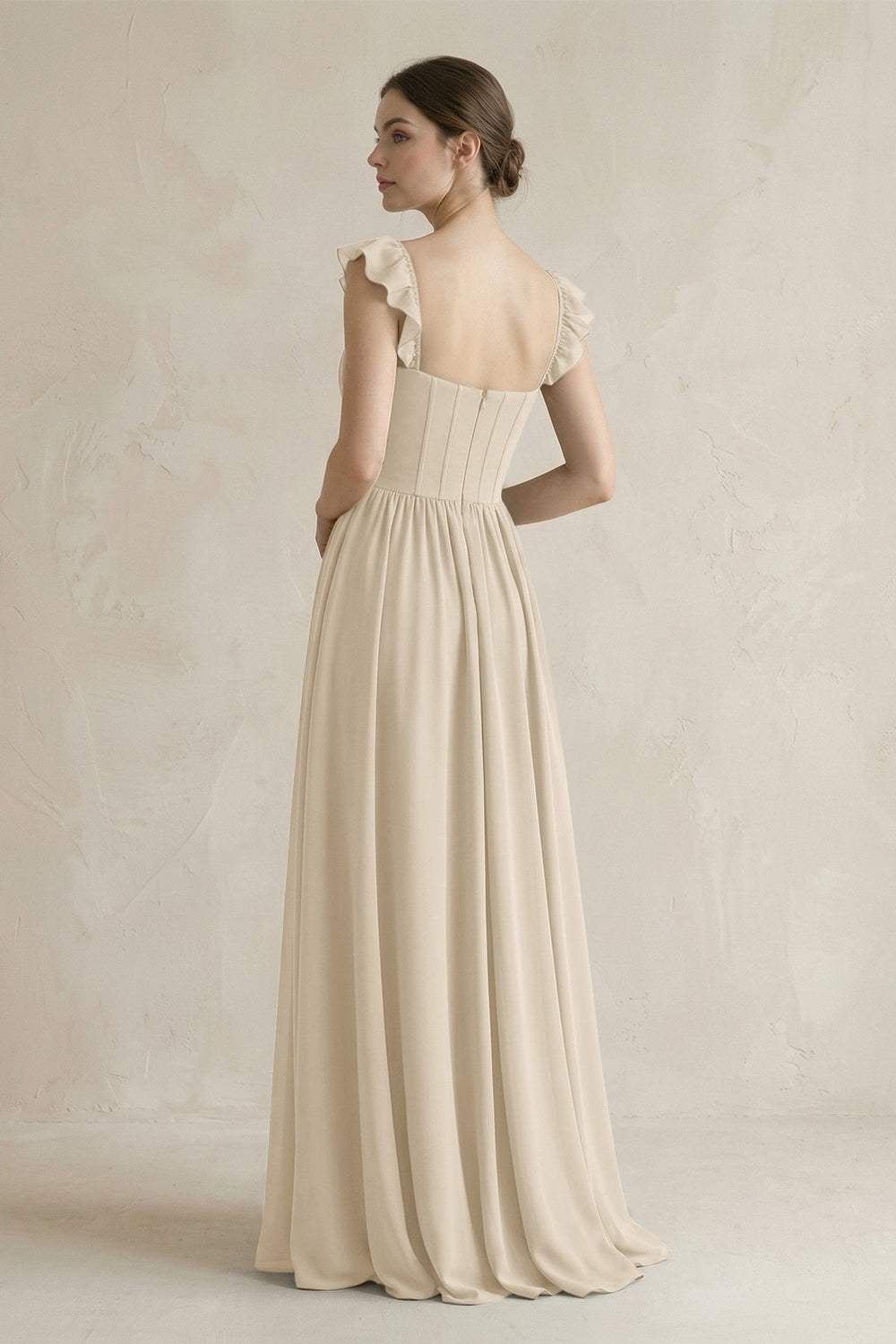 Sweetheart Chiffon Ruffled A - Line Corset Bridesmaid Dress in Champagne - KISS BRIDAL Bridesmaid Dresses