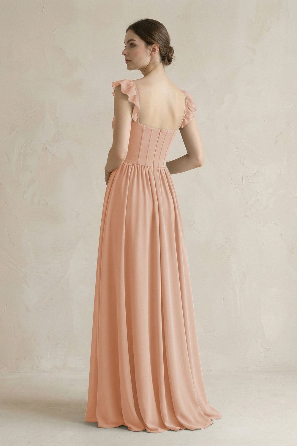 Sweetheart Chiffon Ruffled A - Line Corset Bridesmaid Dress in Champagne Rose - KISS BRIDAL Bridesmaid Dresses