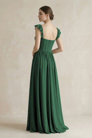 Sweetheart Chiffon Ruffled A-Line Corset Bridesmaid Dress in Dark Green (2) | KISSBRIDAL