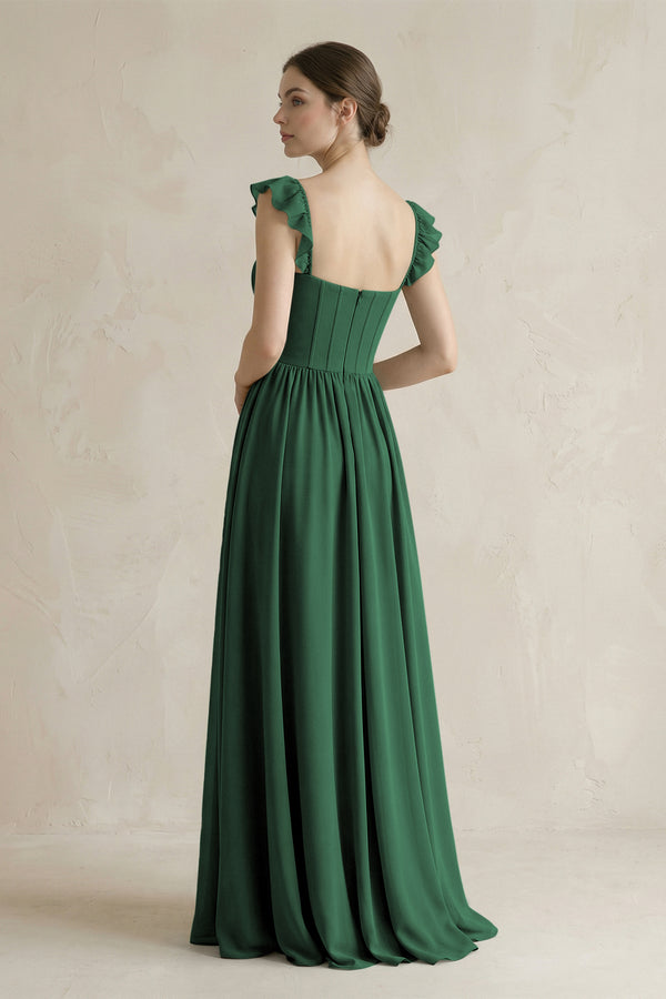 Sweetheart Chiffon Ruffled A-Line Corset Bridesmaid Dress in Dark Green (2) | KISSBRIDAL