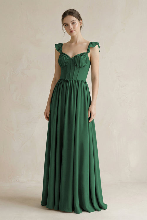 Sweetheart Chiffon Ruffled A-Line Corset Bridesmaid Dress in Dark Green | KISSBRIDAL