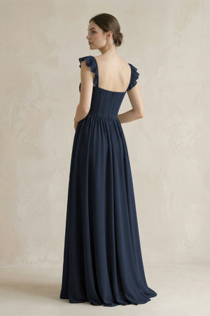 Sweetheart Chiffon Ruffled A - Line Corset Bridesmaid Dress in Dark Navy - SHE IS ME Bridesmaid Dresses