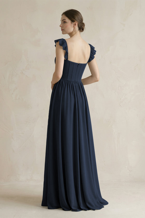 Sweetheart Chiffon Ruffled A - Line Corset Bridesmaid Dress in Dark Navy - SHE IS ME Bridesmaid Dresses