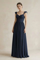 Sweetheart Chiffon Ruffled A - Line Corset Bridesmaid Dress in Dark Navy - KISS BRIDAL Bridesmaid Dresses