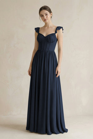 Sweetheart Chiffon Ruffled A - Line Corset Bridesmaid Dress in Dark Navy - SHE IS ME Bridesmaid Dresses