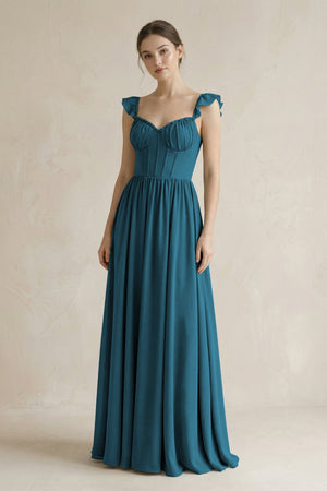 Sweetheart Chiffon Ruffled A - Line Corset Bridesmaid Dress in Dark Teal - SHE IS ME Bridesmaid Dresses