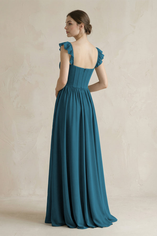 Sweetheart Chiffon Ruffled A - Line Corset Bridesmaid Dress in Dark Teal - SHE IS ME Bridesmaid Dresses