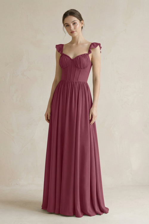 Sweetheart Chiffon Ruffled A-Line Corset Bridesmaid Dress in Desert Rose | KISSBRIDAL