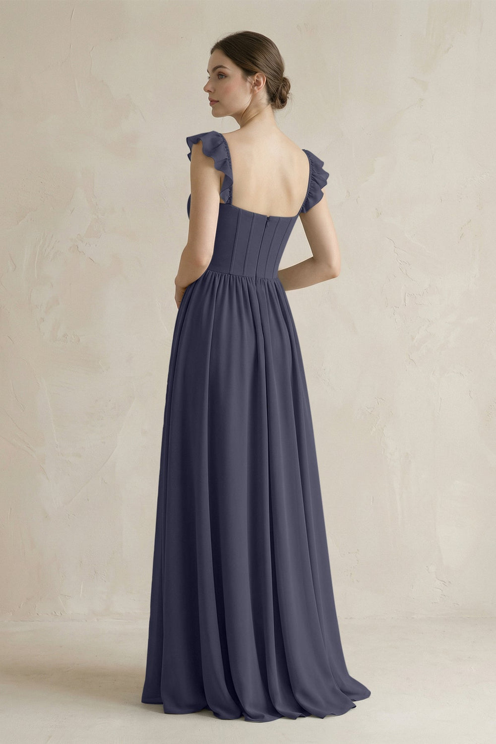 Sweetheart Chiffon Ruffled A - Line Corset Bridesmaid Dress in Dusk Blue - KISS BRIDAL Bridesmaid Dresses