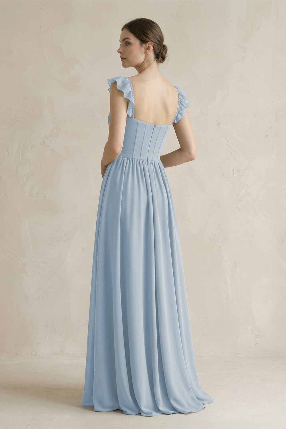 Sweetheart Chiffon Ruffled A - Line Corset Bridesmaid Dress in Dusty Blue - KISS BRIDAL Bridesmaid Dresses