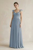 Sweetheart Chiffon Ruffled A-Line Corset Bridesmaid Dress in Dusty Blue | KISSBRIDAL
