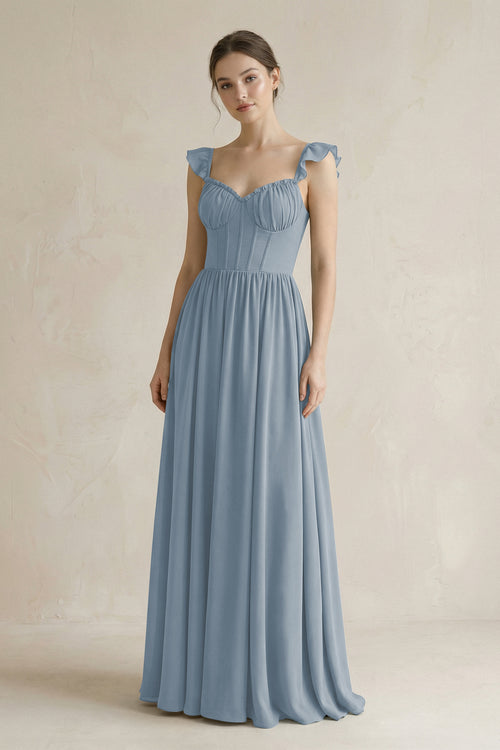 Sweetheart Chiffon Ruffled A-Line Corset Bridesmaid Dress in Dusty Blue | KISSBRIDAL