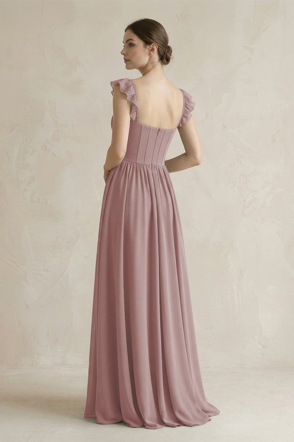 Sweetheart Chiffon Ruffled A-Line Corset Bridesmaid Dress in Dusty Rose (2) | KISSBRIDAL
