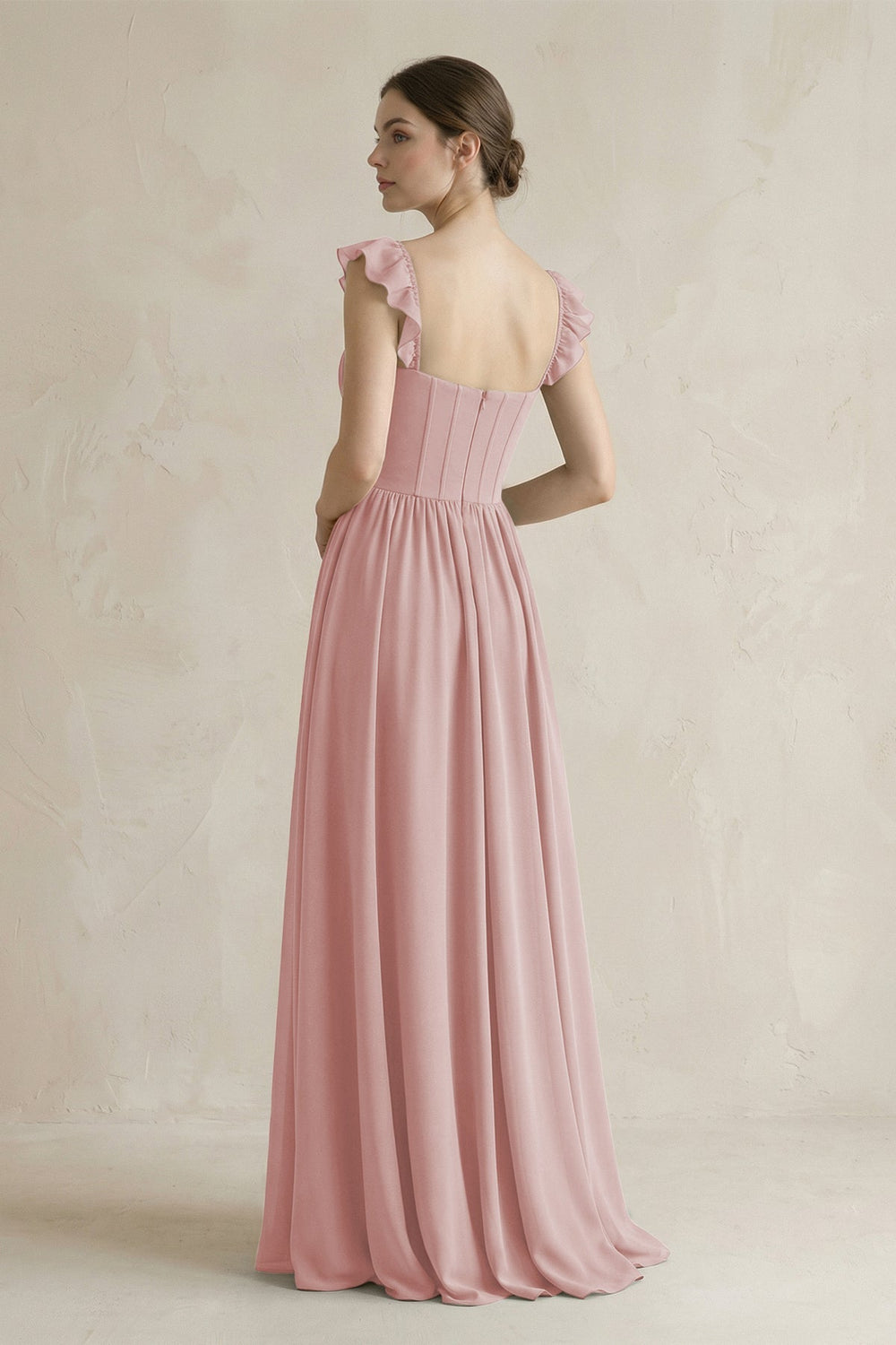 Sweetheart Chiffon Ruffled A - Line Corset Bridesmaid Dress in Dusty Rose - KISS BRIDAL Bridesmaid Dresses