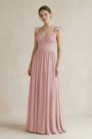 Sweetheart Chiffon Ruffled A - Line Corset Bridesmaid Dress in Dusty Rose - SHE IS ME Bridesmaid Dresses