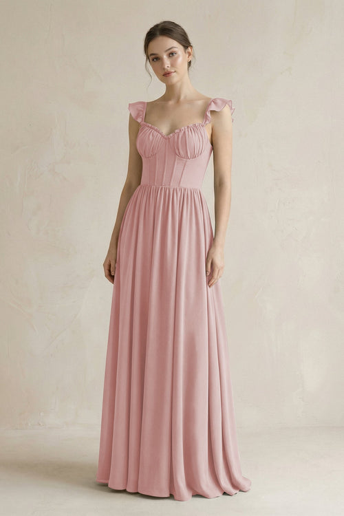 Sweetheart Chiffon Ruffled A - Line Corset Bridesmaid Dress in Dusty Rose - SHE IS ME Bridesmaid Dresses