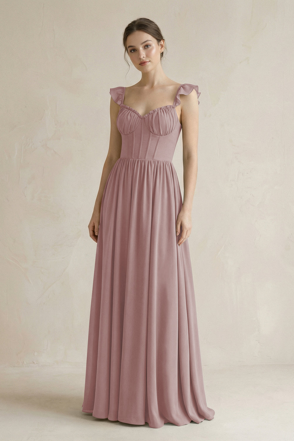 Sweetheart Chiffon Ruffled A-Line Corset Bridesmaid Dress in Dusty Rose