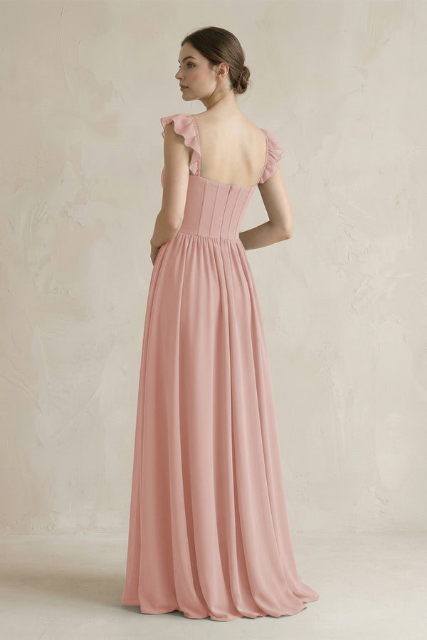 Sweetheart Chiffon Ruffled A-Line Corset Bridesmaid Dress in English Rose (2) | KISSBRIDAL