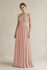 Sweetheart Chiffon Ruffled A-Line Corset Bridesmaid Dress in English Rose | KISSBRIDAL