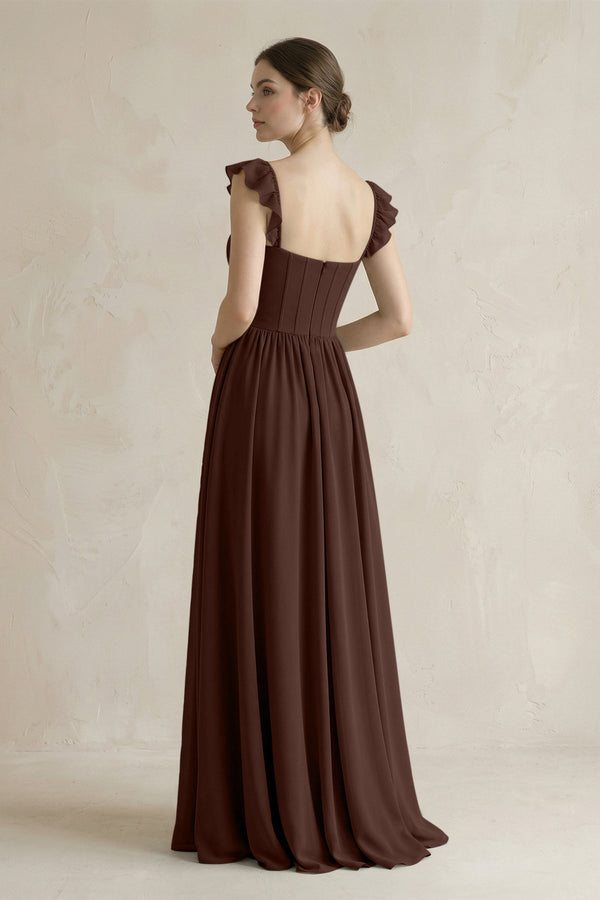Sweetheart Chiffon Ruffled A - Line Corset Bridesmaid Dress in Espresso - SHE IS ME Bridesmaid Dresses