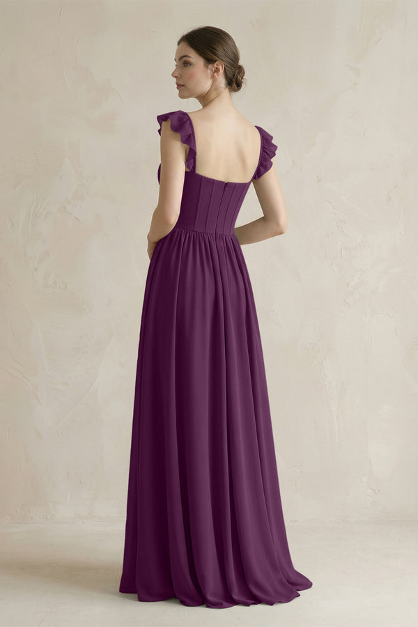 Sweetheart Chiffon Ruffled A-Line Corset Bridesmaid Dress in Fig (2) | KISSBRIDAL