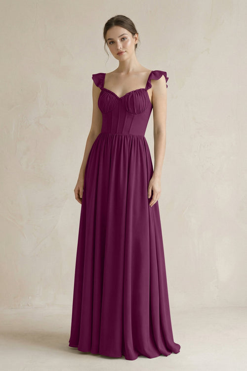 Sweetheart Chiffon Ruffled A - Line Corset Bridesmaid Dress in Fig - SHE IS ME Bridesmaid Dresses
