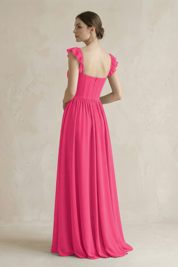 Sweetheart Chiffon Ruffled A-Line Corset Bridesmaid Dress in Fuchsia (2) | KISSBRIDAL
