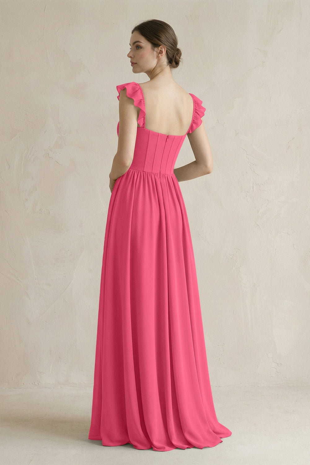 Sweetheart Chiffon Ruffled A - Line Corset Bridesmaid Dress in Fuchsia - KISS BRIDAL Bridesmaid Dresses