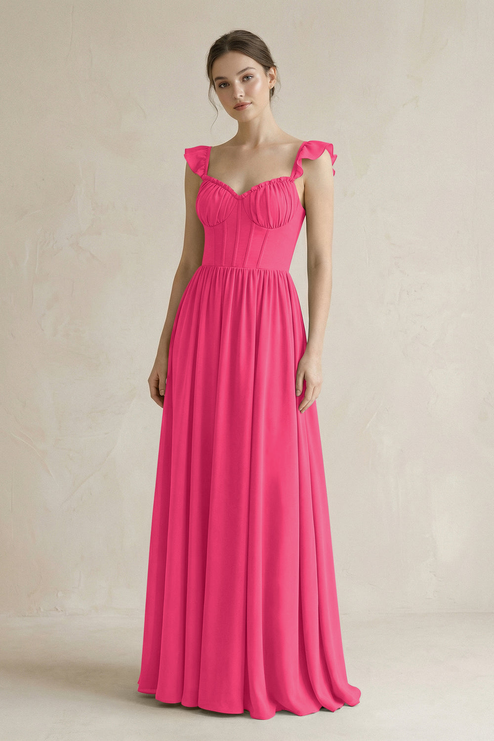 Sweetheart Chiffon Ruffled A-Line Corset Bridesmaid Dress in Fuchsia